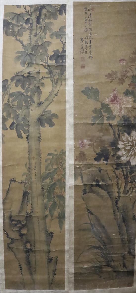 Studio of Lin Lin, a set of four scroll paintings on silk, 19th century, each 147.5cm x 33cm